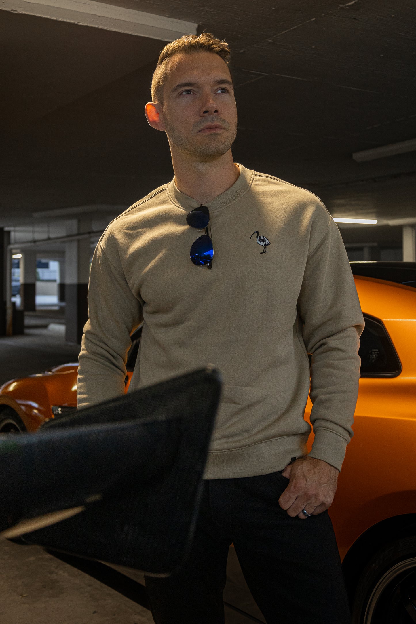 Model wearing Lucid Auto Company Bin Chicken Jumper – premium car culture streetwear, designed in Australia