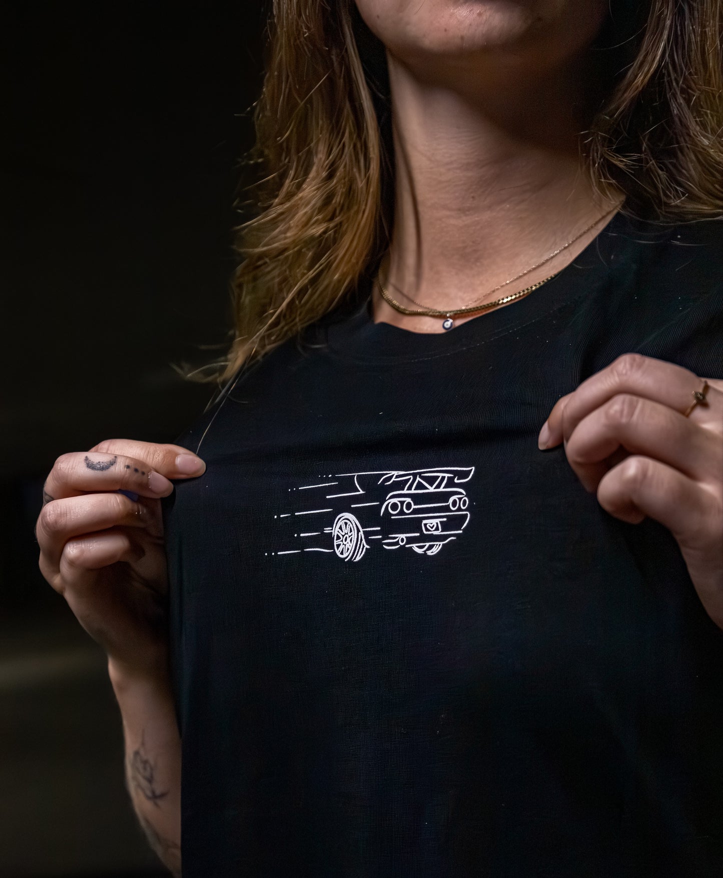 Close-up of Skyline DTG print on women’s boyfriend tee – car culture apparel