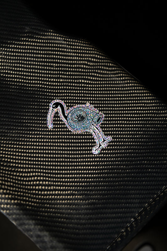 Close-up of glitter detail on Bin Chicken Turbo sticker – automotive accessory